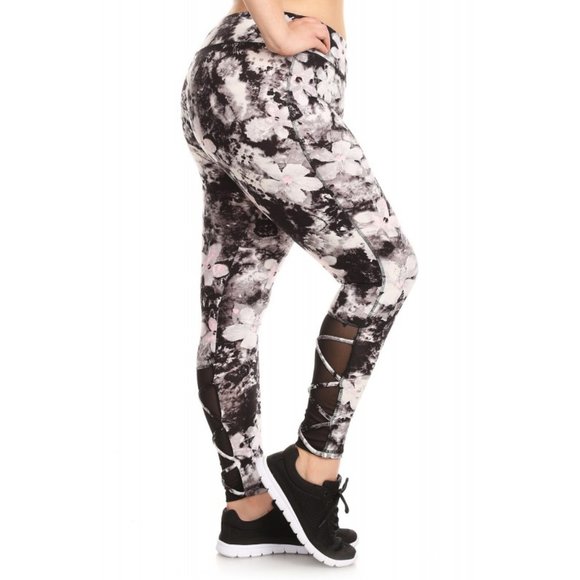 BLACK/GREY/PINK FLORAL MID-RISE LEGGING W/ STRAPPY MESH PANELS #7L18-02 - Picture 2 of 13